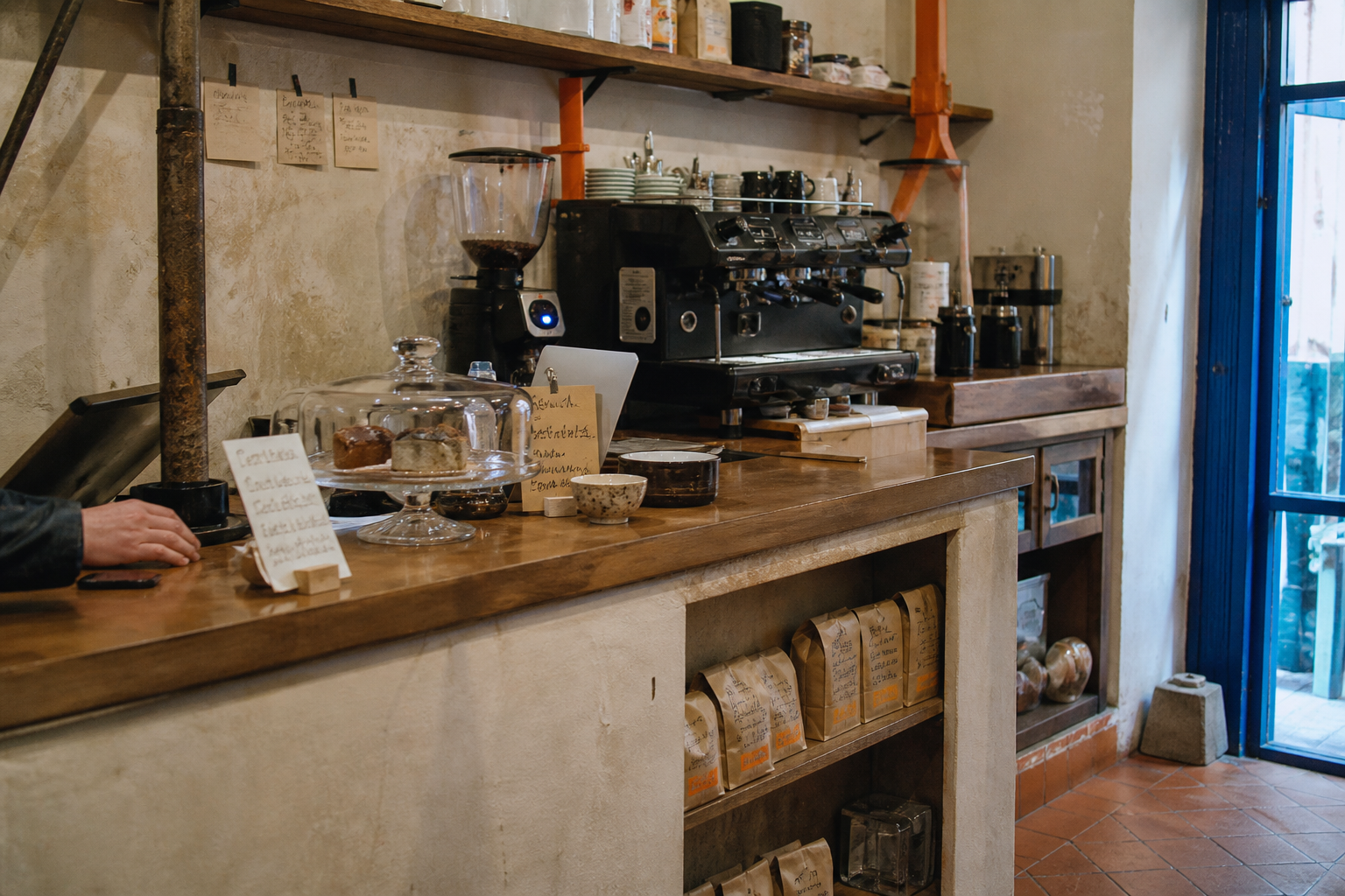 Il bancone in legno con macchina espresso, macinino e sacchetti di caffè