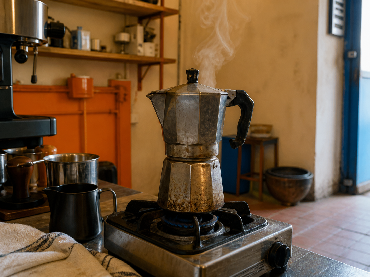 La moka in alluminio sul fornello a gas, con il vapore che esce dal beccuccio